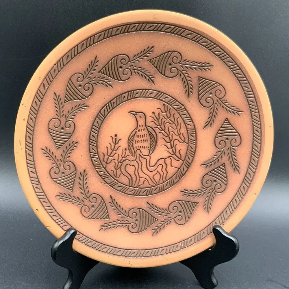 Handmade Signed Terra Cotta Etched Bird Plate Wall Hanging Central Asia